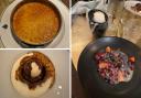 Desserts at The Ivy - fruit with white chocolate sauce and yoghurt sorbet, creme brulee and a chocolate bomb